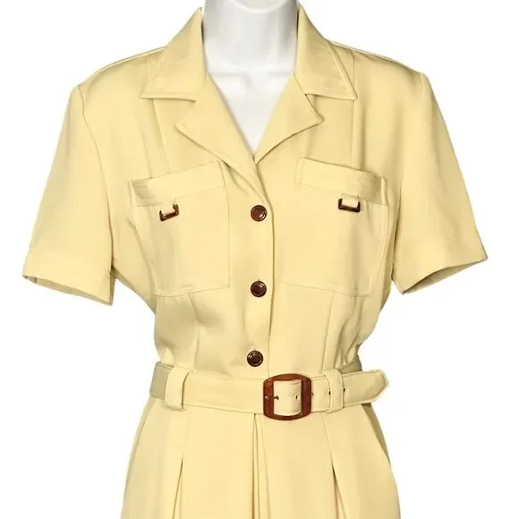 Vintage Cache Jumpsuit Dressy Pale Yellow Short Sleeve Belted Career Retro Sz 6 - Picture 2 of 11